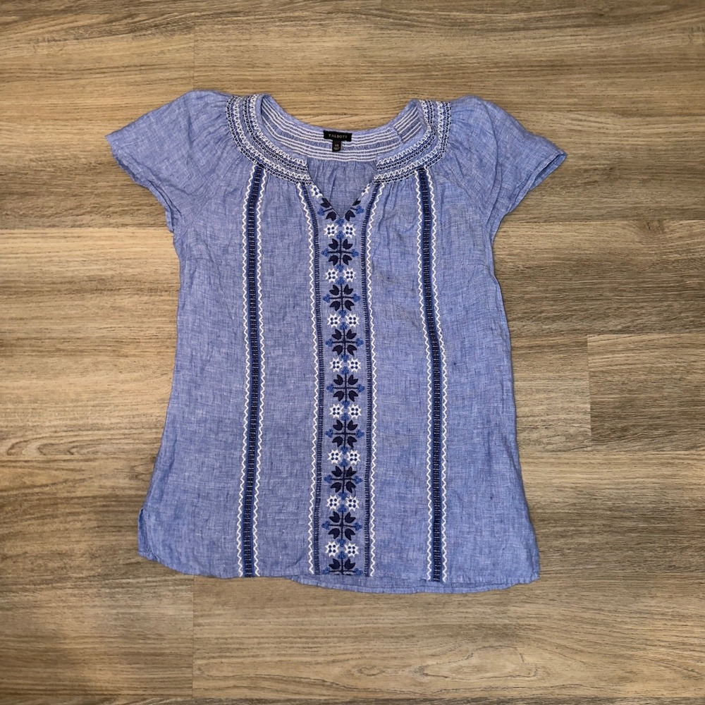 Talbots Linen Tunic Top Blue Embroidered Split Neck‎ Short Sleeve XS